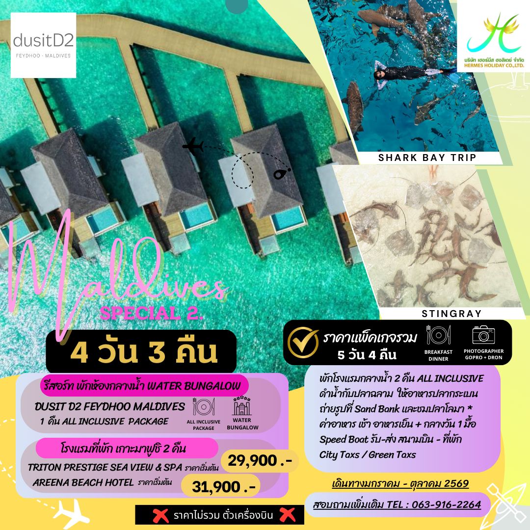 แพ็คเกจมัลดีฟส์ 4 วัน พัก Dusit D2 1 คืน รวมกิจกรรมว่ายน้ำกับฉลาม แพ็คเกจมัลดีฟส์ 4 วัน พัก Dusit D2 1 คืน รวมกิจกรรมว่ายน้ำกับฉลาม