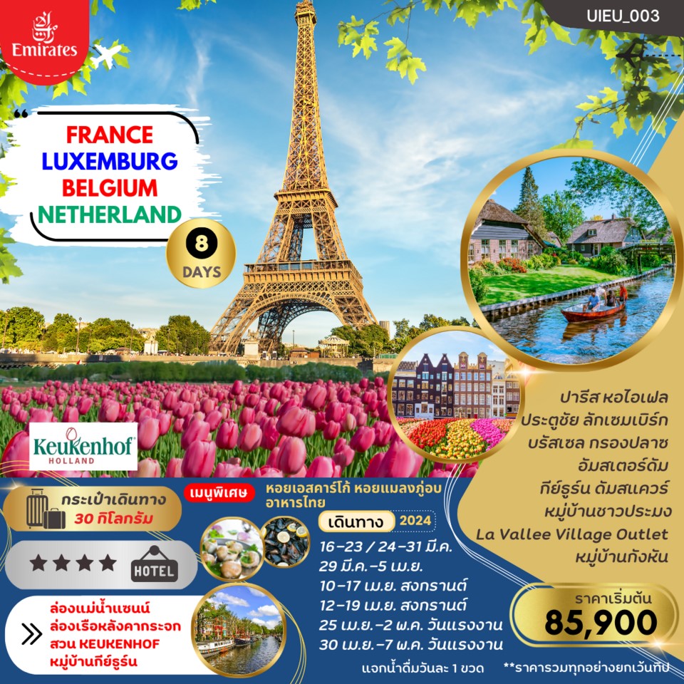 ฝรั่งเศส เบลเยี่ยม ลักเซมเบิร์ก เนเธอร์แลนด์ 8 วัน เข้าชมเทศกาล Keukenhof 2024