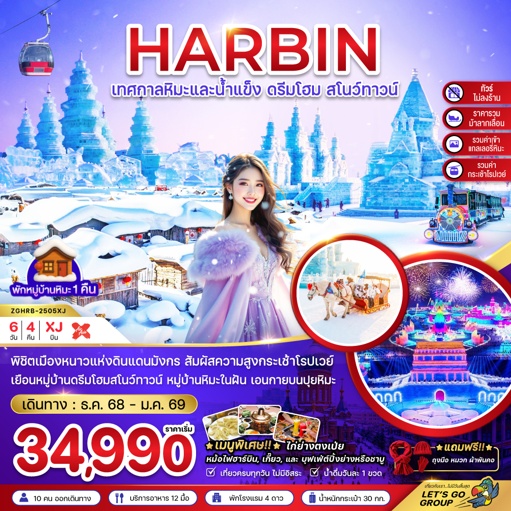 บินตรงฮาร์บิน เทศกาลหิมะและน้ำแข็ง หมู่บ้านหิมะ ดรีมโฮม สโนว์ทาวน์ (ไม่ลงร้าน) 6 วัน 4 คืน