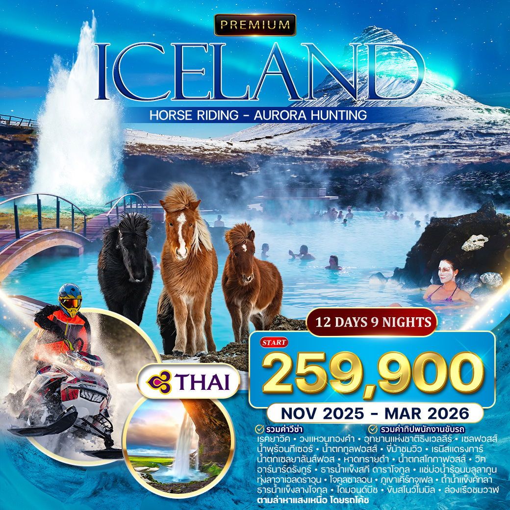 พรีเมี่ยมไอซ์แลนด์ 12 วัน 9 คืน ตามล่าแสงเหนือ (TG) NOV 2025 - MAR 2026